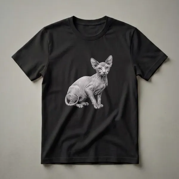 A grayscale pencil sketch graphic t-shirt featuring a Sphynx cat sitting, with detailed rendering of its skin and features against a black background.