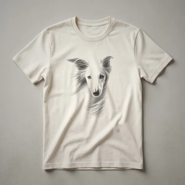 Black and white sketch of a Silken Windhound's face, featuring detailed lines for its fur and expressive eyes, on a dark t-shirt.
