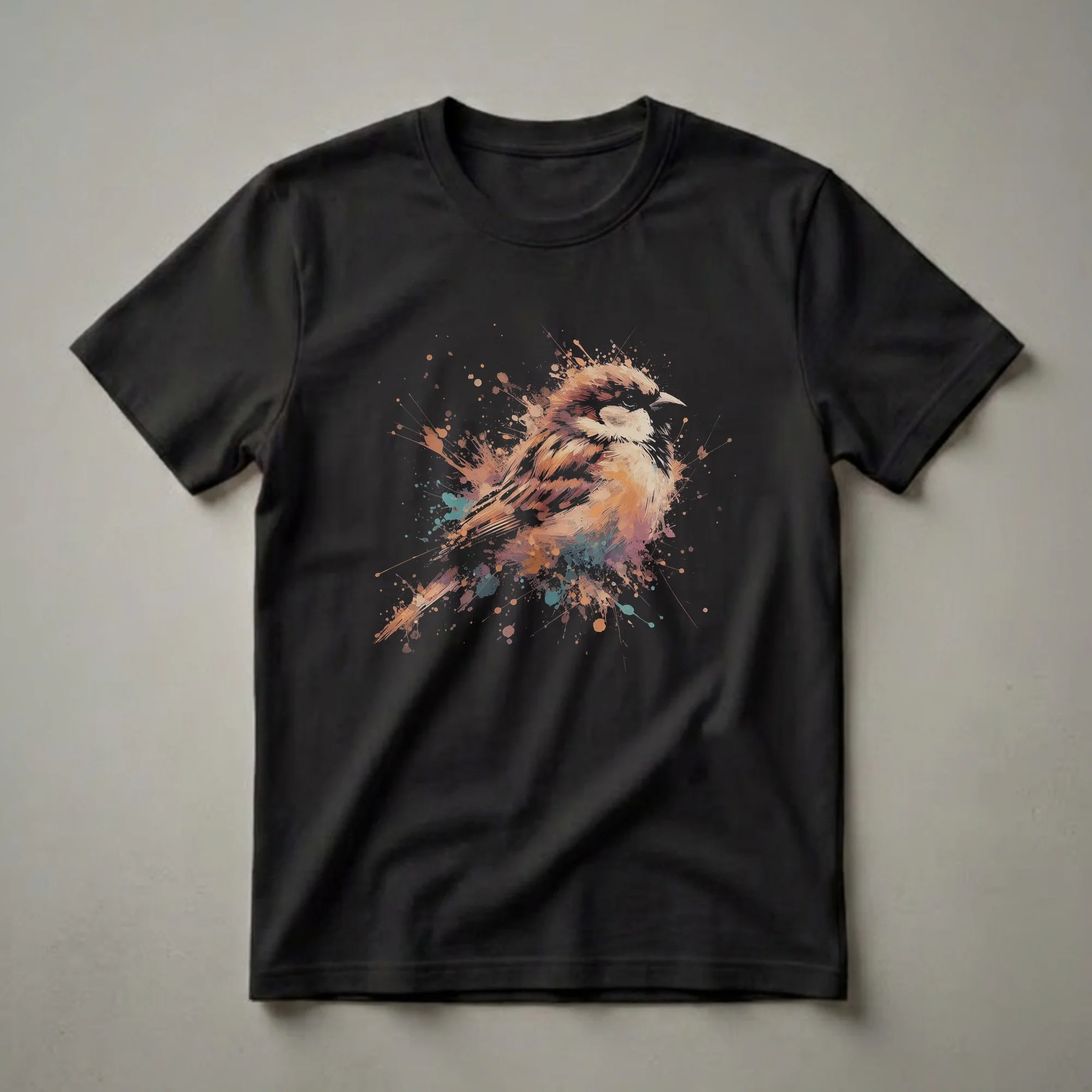 Black t-shirt featuring an artistic watercolor splash drawing of a sparrow in shades of brown, orange, and teal.