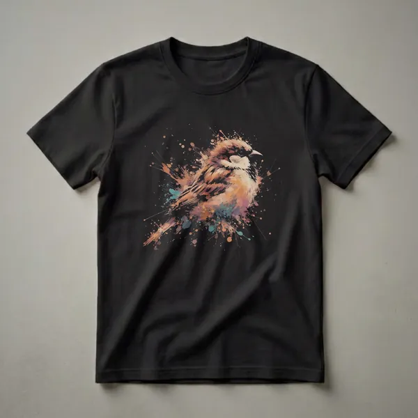 Black t-shirt featuring an artistic watercolor splash drawing of a sparrow in shades of brown, orange, and teal.