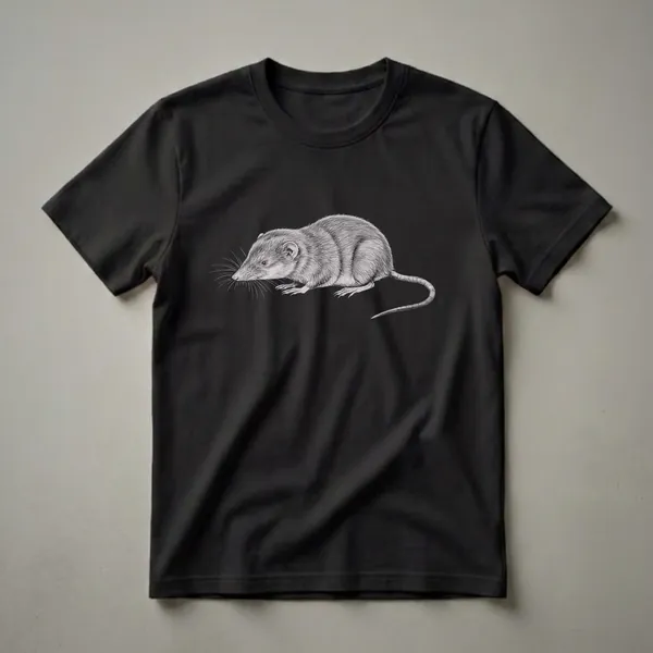 A black and white pencil drawing of a shrew, showcasing its detailed fur, whiskers, and tail, presented on a black t-shirt.