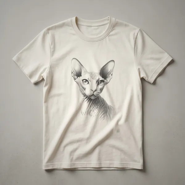 Black t-shirt with a white line art sketch of a Sphynx cat's face and upper body, showing its large ears and wrinkled skin.