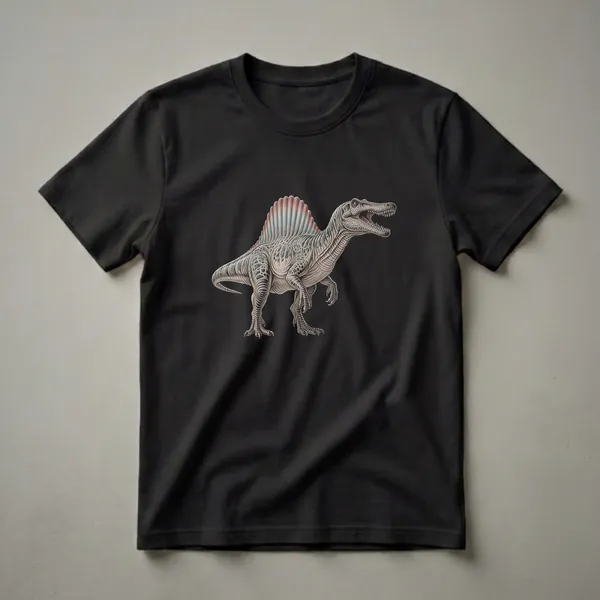 A vintage-style drawing of a Spinosaurus dinosaur with a large sail on its back, depicted on a black t-shirt.