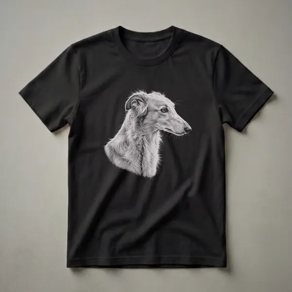 Black t-shirt with a detailed pencil sketch of a Borzoi dog's head and neck in white, shown in profile against a black background.