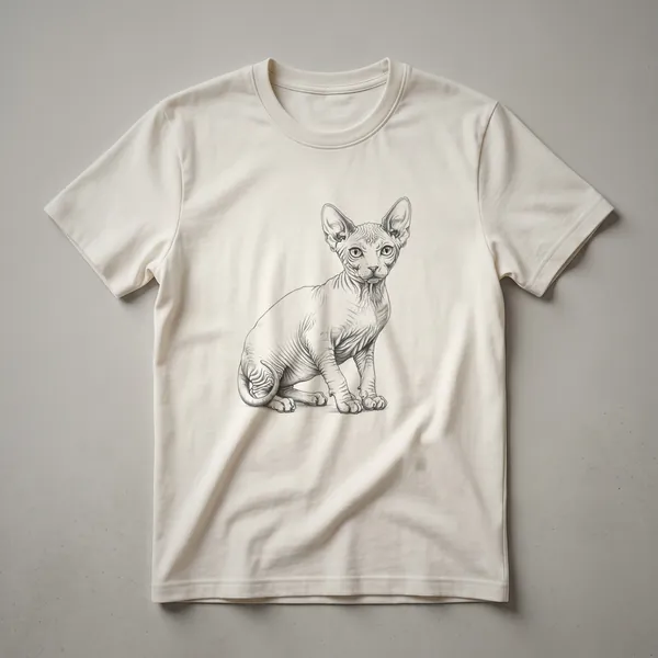 A black t-shirt featuring a white line drawing of a Sphynx cat sitting, with detailed wrinkles and large ears, presented in a vintage art style.