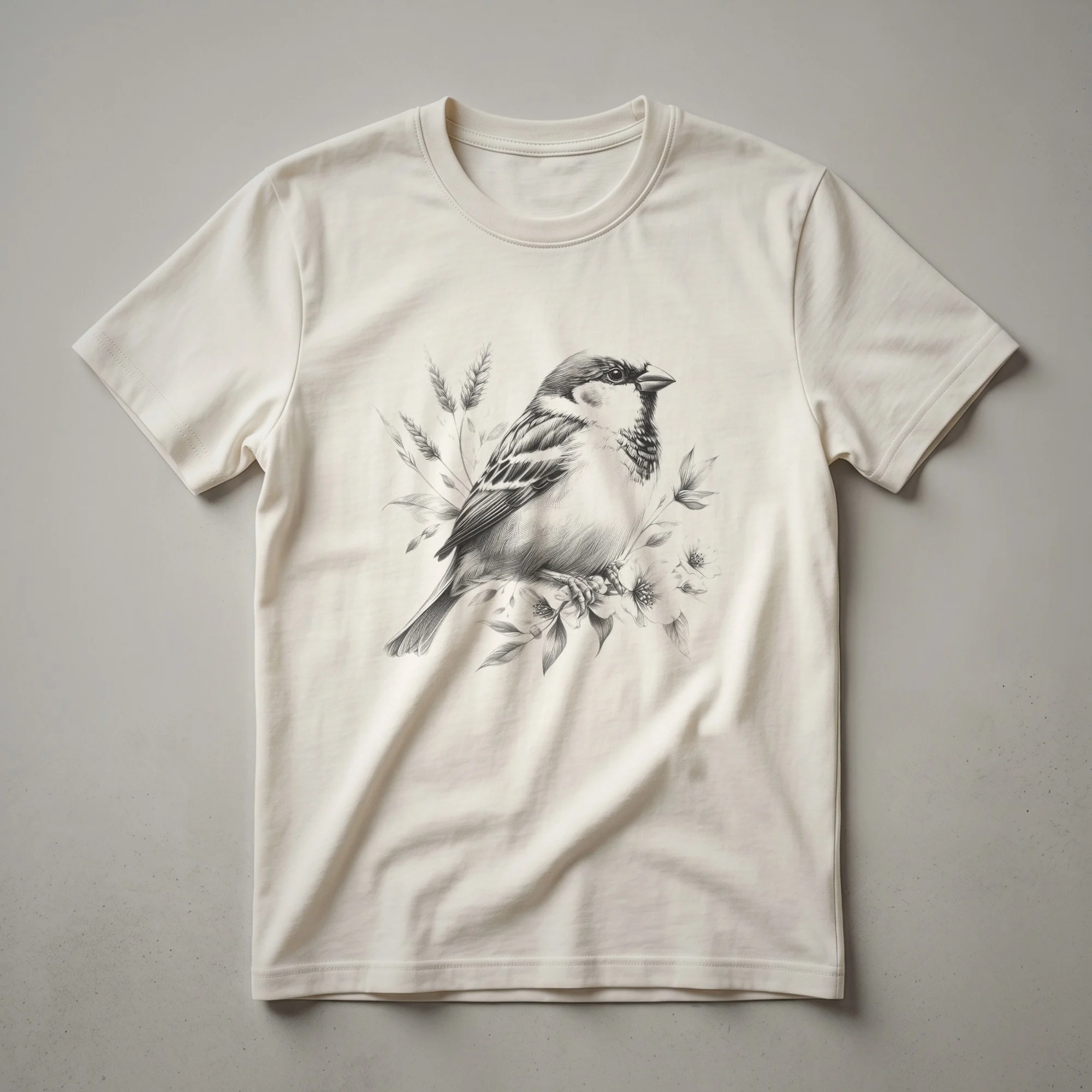 A vintage line drawing of a sparrow perched on a branch with surrounding leaves and seed heads, presented on a dark t-shirt.