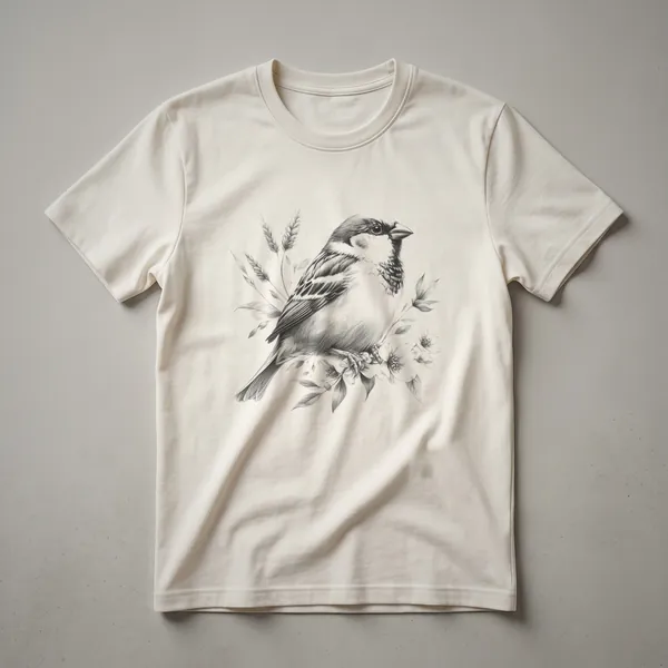 A vintage line drawing of a sparrow perched on a branch with surrounding leaves and seed heads, presented on a dark t-shirt.