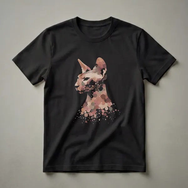 Black t-shirt featuring an abstract artistic drawing of a Sphynx cat's profile, composed of overlapping circles and splotches in shades of brown, pink, and beige.