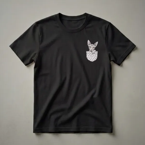 White t-shirt featuring a detailed drawing of a light-colored Sphynx cat peeking out of a light grey pocket with a white polka dot pattern.