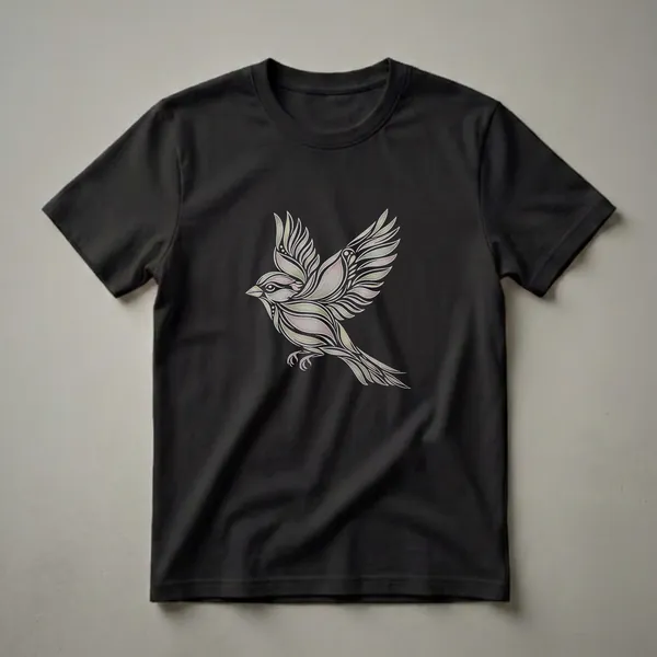 Black t-shirt featuring a stylized sparrow in flight, rendered with decorative lines in pastel green, pink, and beige.