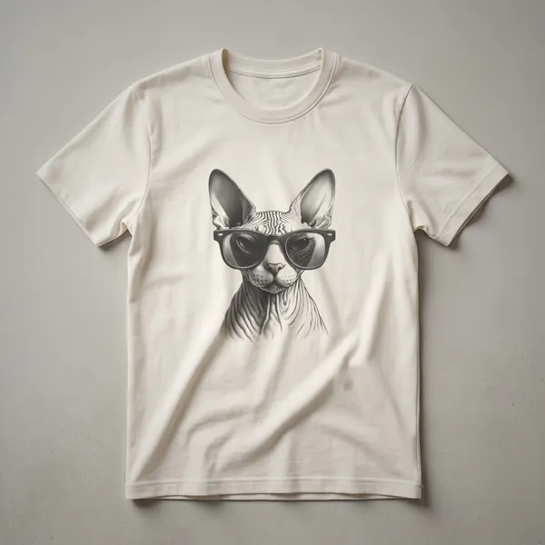Black line art drawing of a Sphynx cat wearing Wayfarer-style sunglasses on a black background.