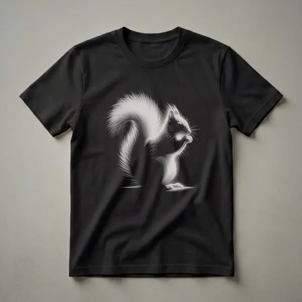 Black t-shirt featuring a detailed, high-contrast hand-drawn illustration of a squirrel in profile, rendered in a stippling technique.