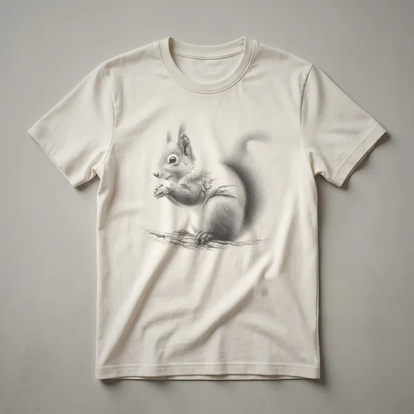 A vintage-style black and white line drawing of a squirrel holding a nut, printed on a dark heather grey t-shirt.