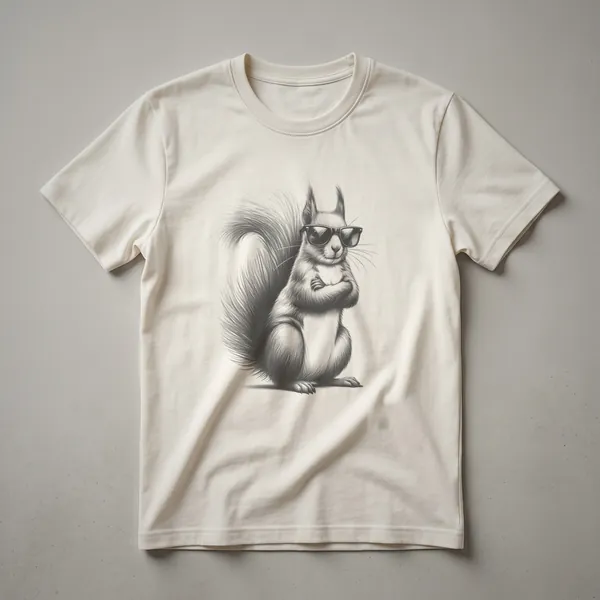 A black and white line drawing of a squirrel wearing dark sunglasses, with its arms crossed and a bushy tail, presented on a dark garment.
