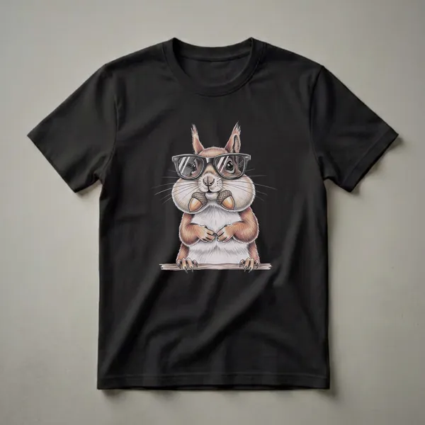 Black t-shirt featuring a detailed drawing of a brown squirrel wearing black sunglasses and holding two acorns, perched on a wooden surface.