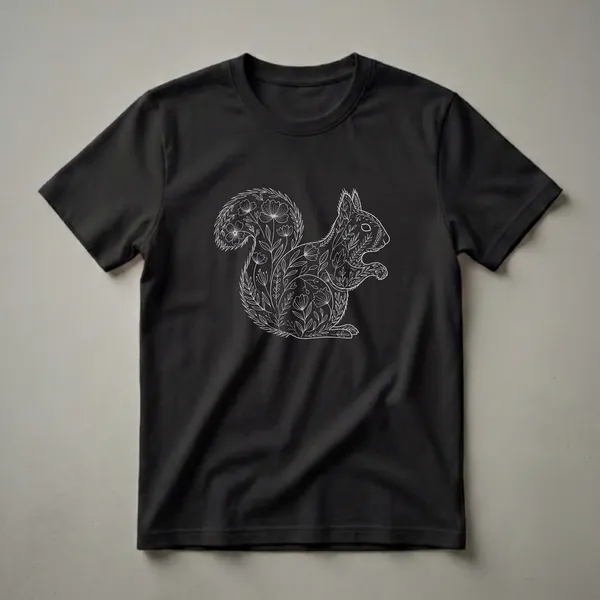 Black t-shirt featuring a white line drawing of a squirrel filled with floral and leaf patterns, presented on a black background.
