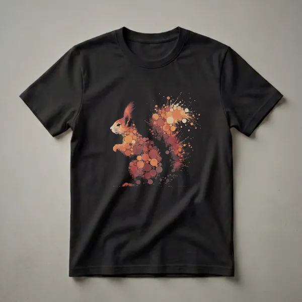 Black t-shirt with an artistic drawing of a squirrel composed of many small orange and brown circles, against a black background.