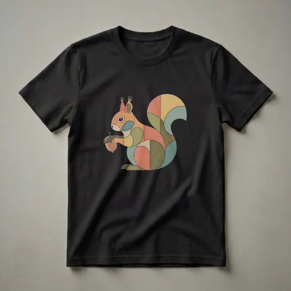 A black t-shirt featuring an abstract geometric drawing of a squirrel holding an acorn, rendered in colored pencil style with orange, green, yellow, and teal segments.