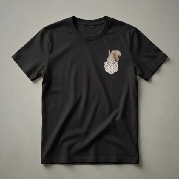 A graphic t-shirt featuring a realistic drawing of a squirrel peeking out of a pocket patterned with acorns and oak leaves.
