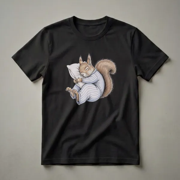 White t-shirt featuring a detailed drawing of a red squirrel wearing blue and white striped pajamas, sleeping peacefully while hugging a pillow.