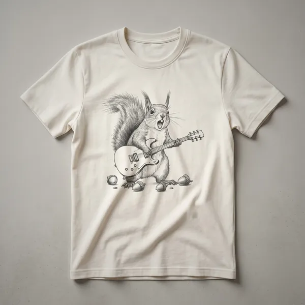 A black and white line drawing of a squirrel playing an electric guitar, with acorns scattered around its feet. The squirrel has its mouth open and appears to be singing.
