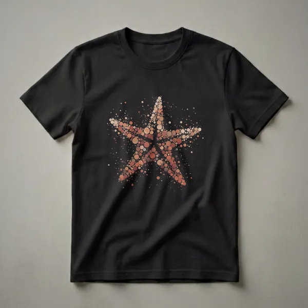 Black t-shirt with a starfish graphic made of many small circles and dots in brown, tan, and cream colors.