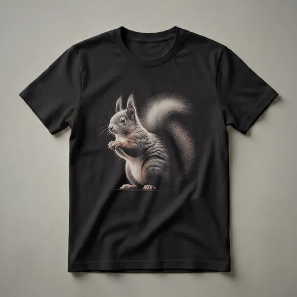 A detailed drawing of a grey squirrel with a bushy tail, shown in profile against a black background, printed on a t-shirt.