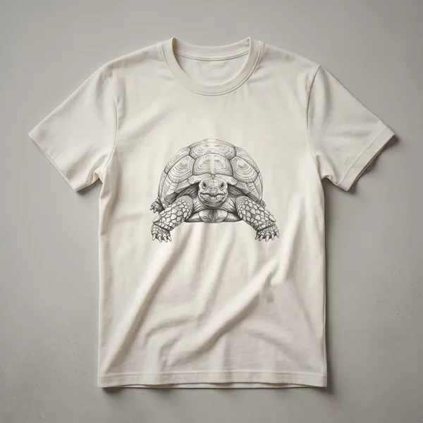 A black t-shirt featuring a white line drawing of a Sulcata tortoise facing forward, showcasing its shell and legs.
