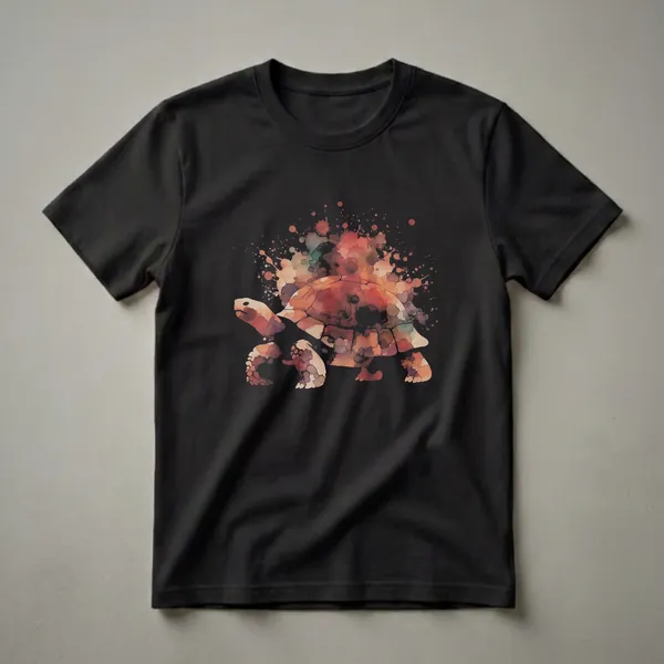 Black t-shirt featuring a tortoise silhouette filled with colorful watercolor paint splatters in shades of orange, red, and teal.