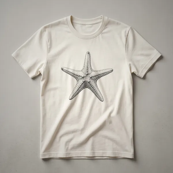 Black and white line drawing of a starfish on a black t-shirt, showcasing its five arms and textured surface.