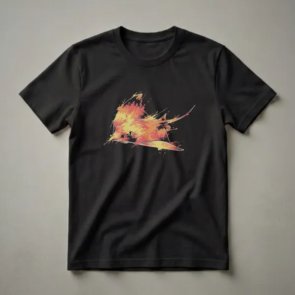 Black t-shirt with a stingray graphic in a splash art style, featuring vibrant orange, yellow, and red colors with paint splatters.
