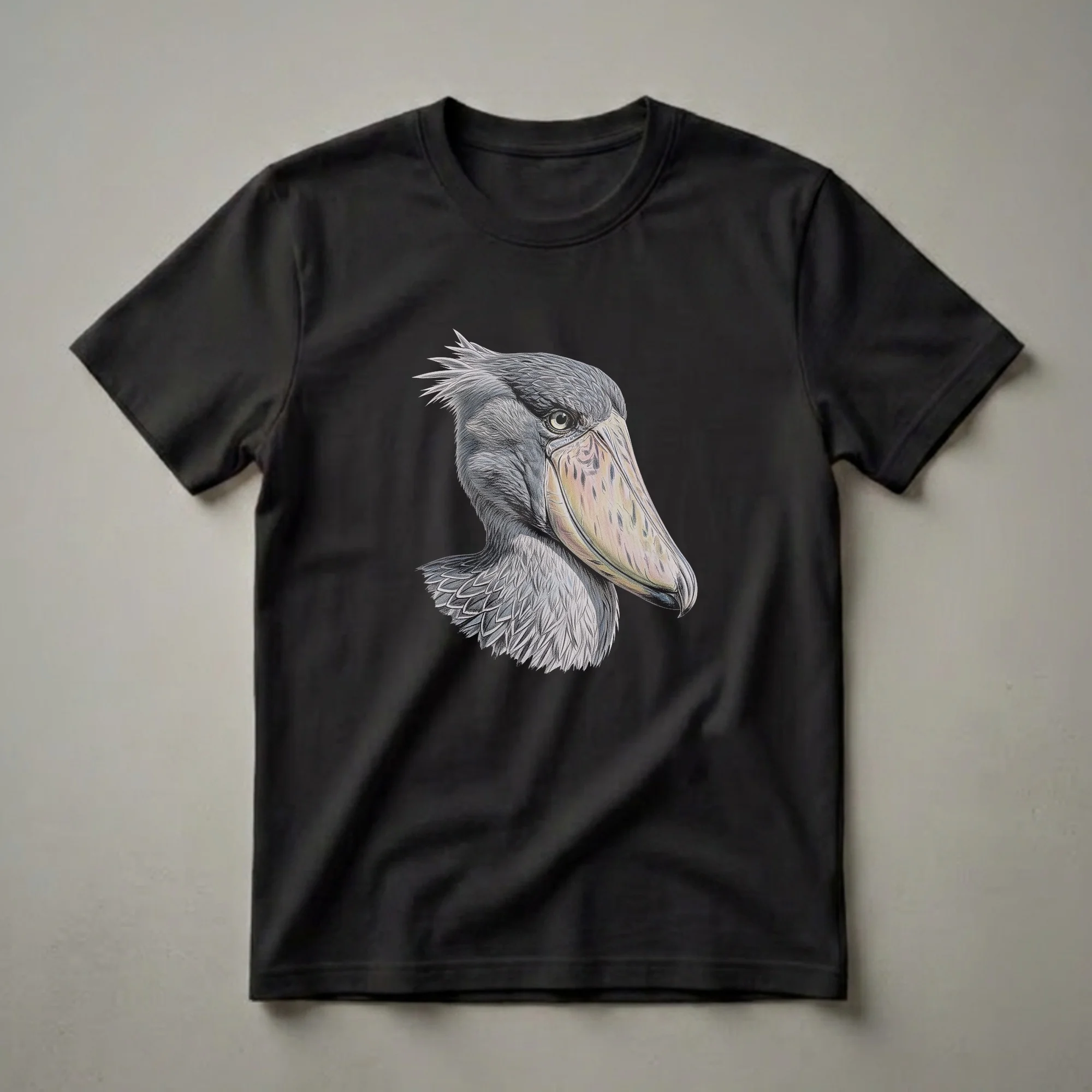 A black t-shirt featuring a detailed colored pencil drawing of a shoebill stork's head and neck, showcasing its large bill and textured feathers.