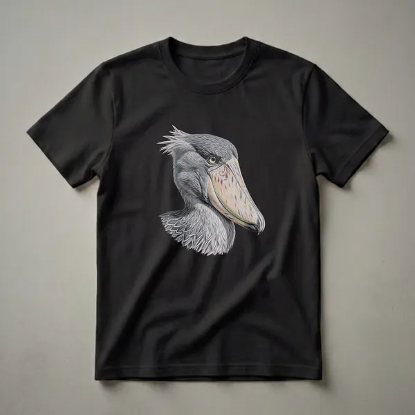 A black t-shirt featuring a detailed colored pencil drawing of a shoebill stork's head and neck, showcasing its large bill and textured feathers.