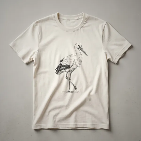 Black and white line drawing of a stork standing on one leg, depicted on a black t-shirt.