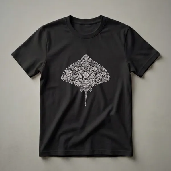 Black t-shirt featuring a detailed white line drawing of a stingray filled with intricate floral and leaf patterns.