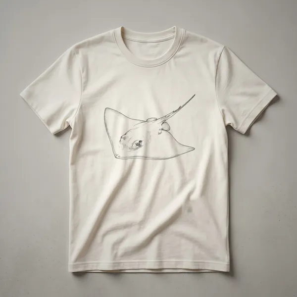 Black line drawing of a stingray on a white t-shirt, showcasing its flat body and wing-like fins.