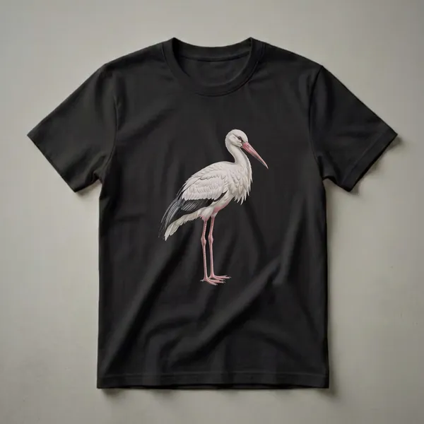 White stork illustration with black wing feathers and pink legs, depicted in a detailed drawing style on a black background.
