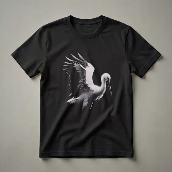 A black t-shirt featuring a detailed white sketch of a stork in flight with its wings spread, set against a black background.
