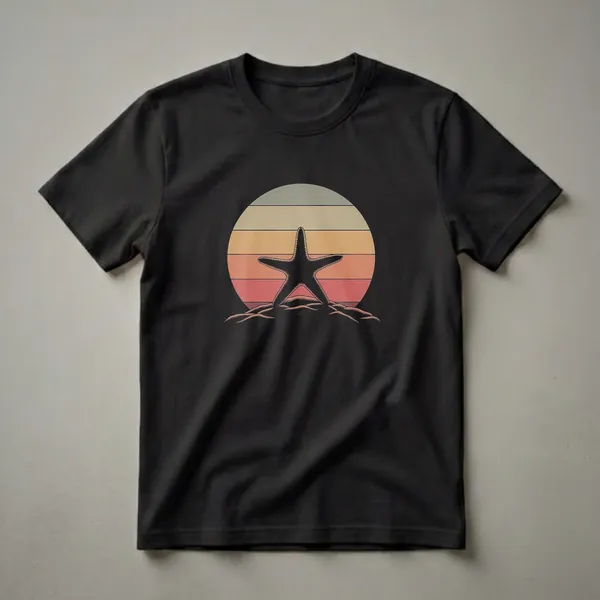 Black starfish silhouette in front of a retro sunset with horizontal stripes of green, beige, orange, and red, on a black t-shirt.