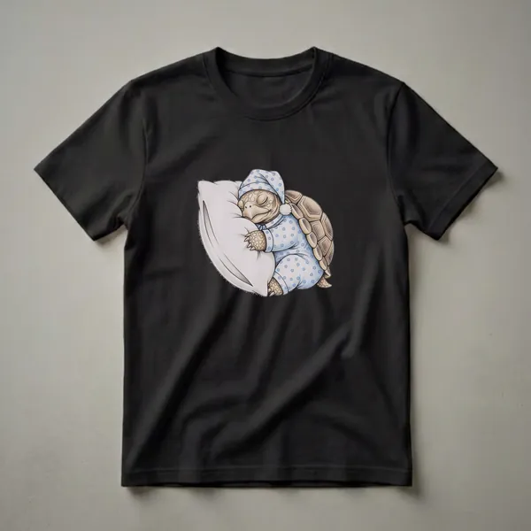A white graphic t-shirt featuring a drawing of a tortoise wearing blue polka dot pajamas and a sleeping cap, resting its head on a white pillow.