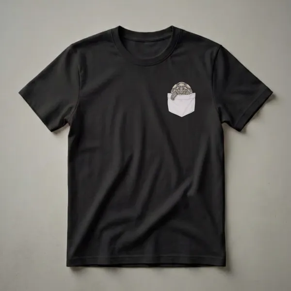 A light-colored t-shirt featuring a detailed drawing of a Sulcata tortoise peeking out from a light grey stitched pocket.