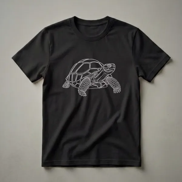 Black t-shirt with a white line art drawing of a tortoise, showing its shell, head, and legs with intricate detail.