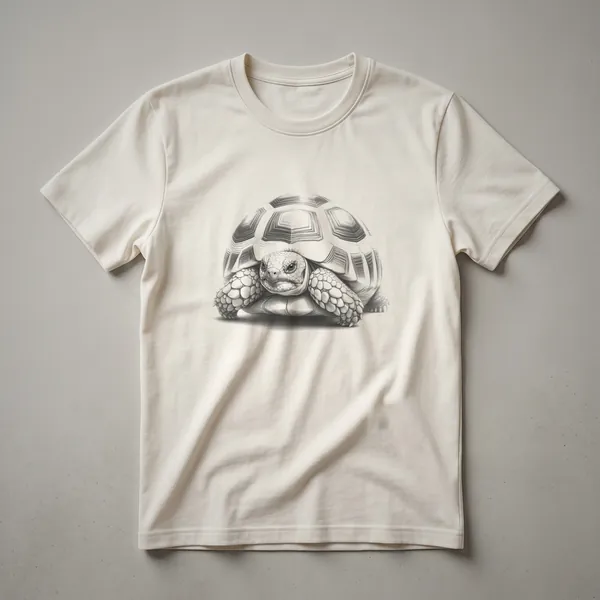 Black t-shirt with a white line-art sketch of a Sulcata tortoise facing forward, showing its shell and legs.
