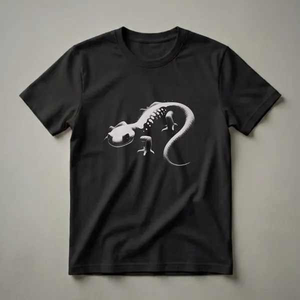 A black t-shirt featuring a stipple drawing of a light-colored salamander with white spots along its back, set against a black background with small white speckles.