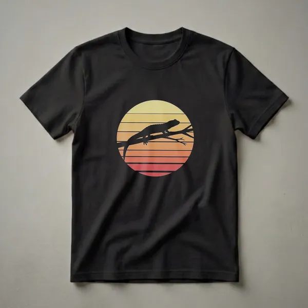 Black silhouette of a salamander on a branch against a retro sunset with yellow, orange, and red stripes, printed on a black t-shirt.