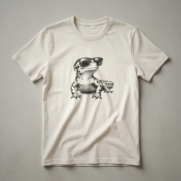 Black line art drawing of a salamander wearing dark sunglasses, depicted on a black t-shirt.