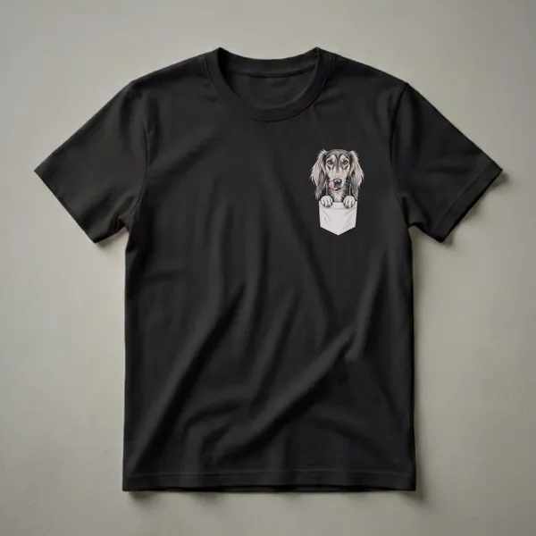 Black t-shirt featuring a detailed drawing of a Saluki dog peeking out of a light grey pocket, with its tongue sticking out.