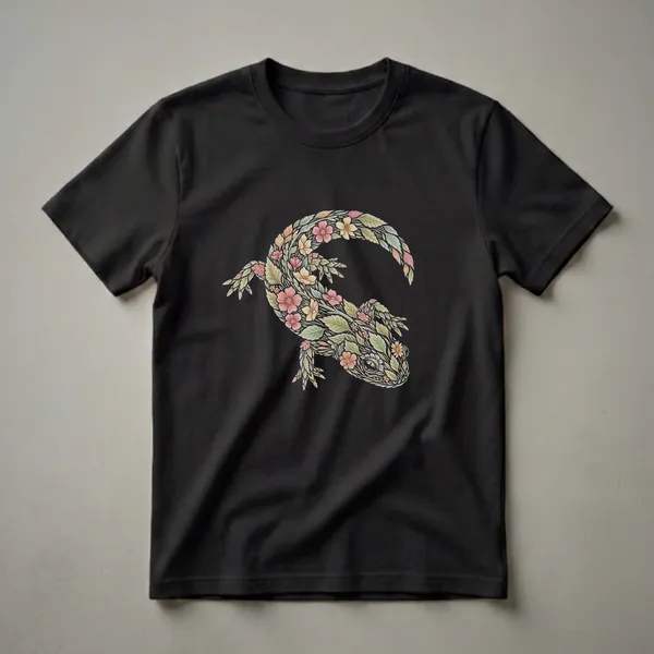 Black t-shirt featuring a detailed drawing of a salamander composed entirely of colorful flowers and green leaves, set against a black background.