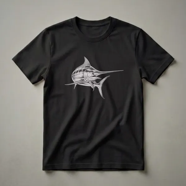 A black and white pencil sketch of a swordfish, depicted in profile with its mouth open and fins extended, on a black t-shirt.