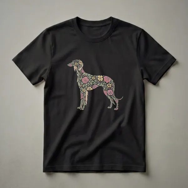 Black t-shirt featuring a Saluki dog silhouette filled with a colorful floral pattern of pink roses, yellow flowers, and green leaves.